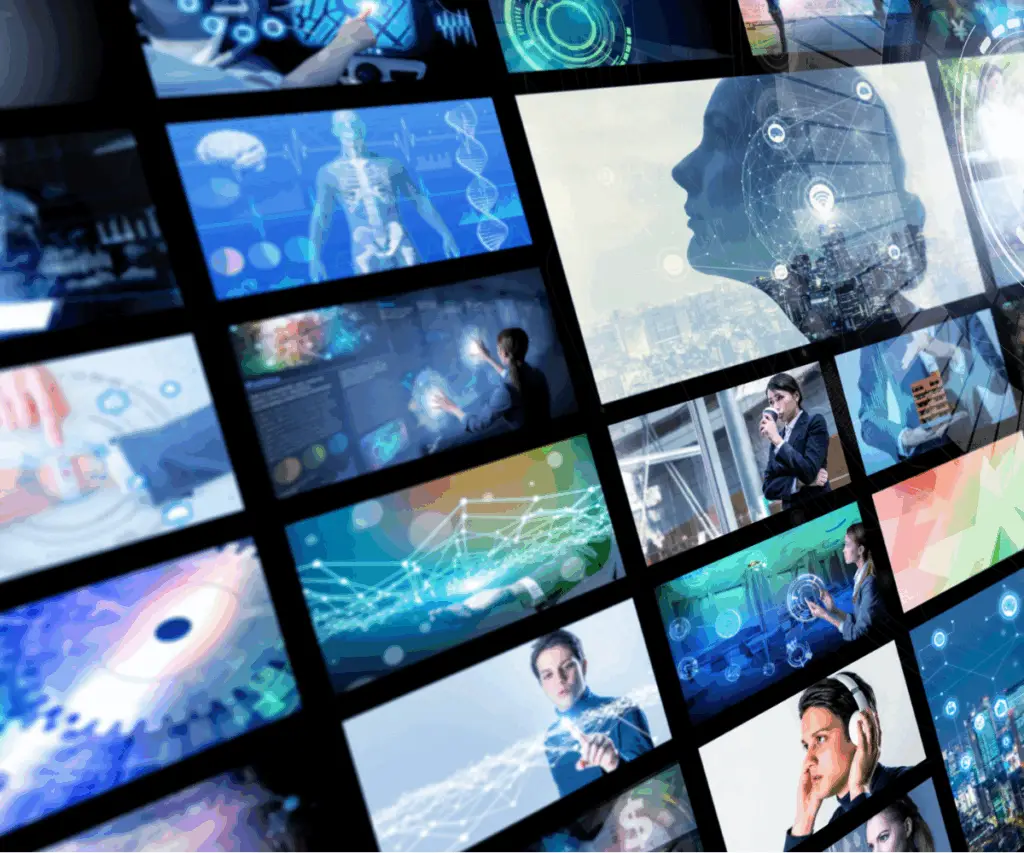 diversi monitor affiancati per rappresentare il servizion di produzioni video e agenzia grafica